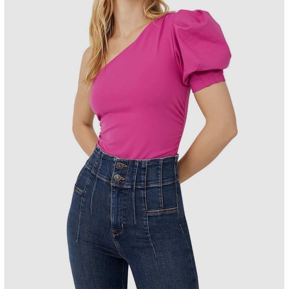 Free People Intimately Bodysuit Womens M Pink One Shoulder‎ Puff Sleeve Romantic